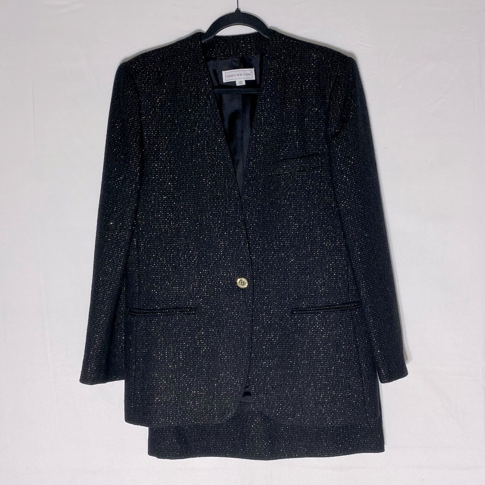 Vintage Jones New York Black Wool W Gold Metallic Flecks Skirt Suit S/M